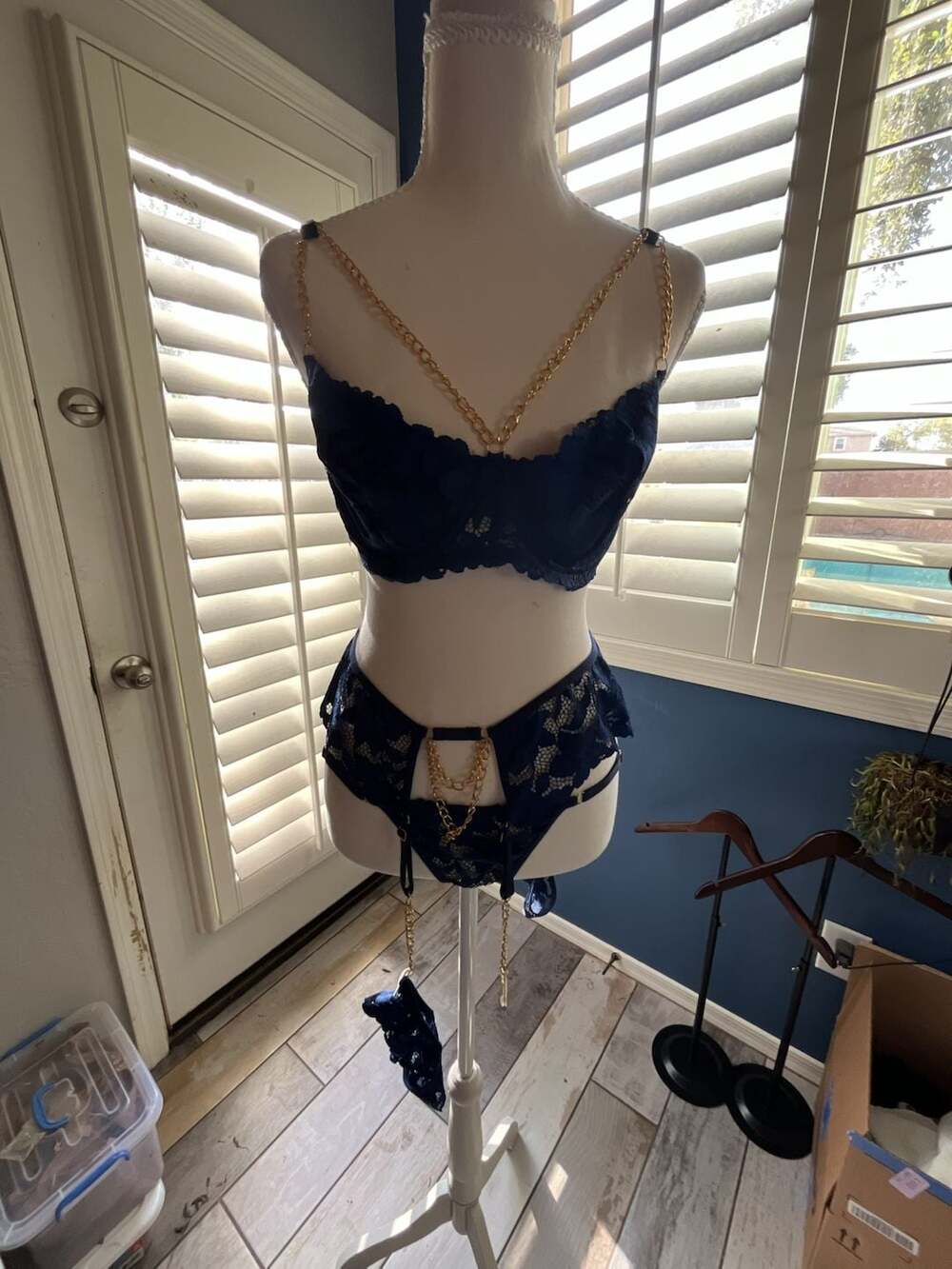 Navy Blue Lace Lingerie Set with Gold Chain Detail